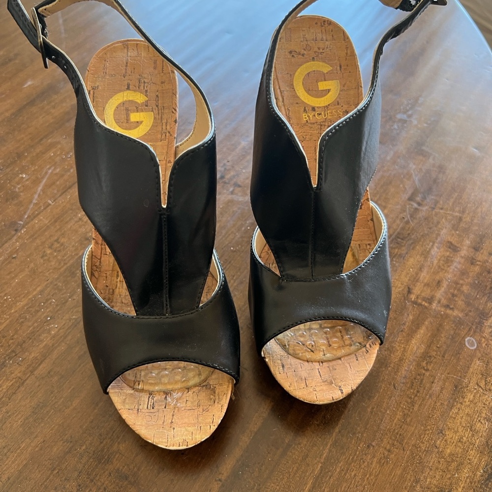G by Guess Black Wedge Sandals with Cut-Out Design